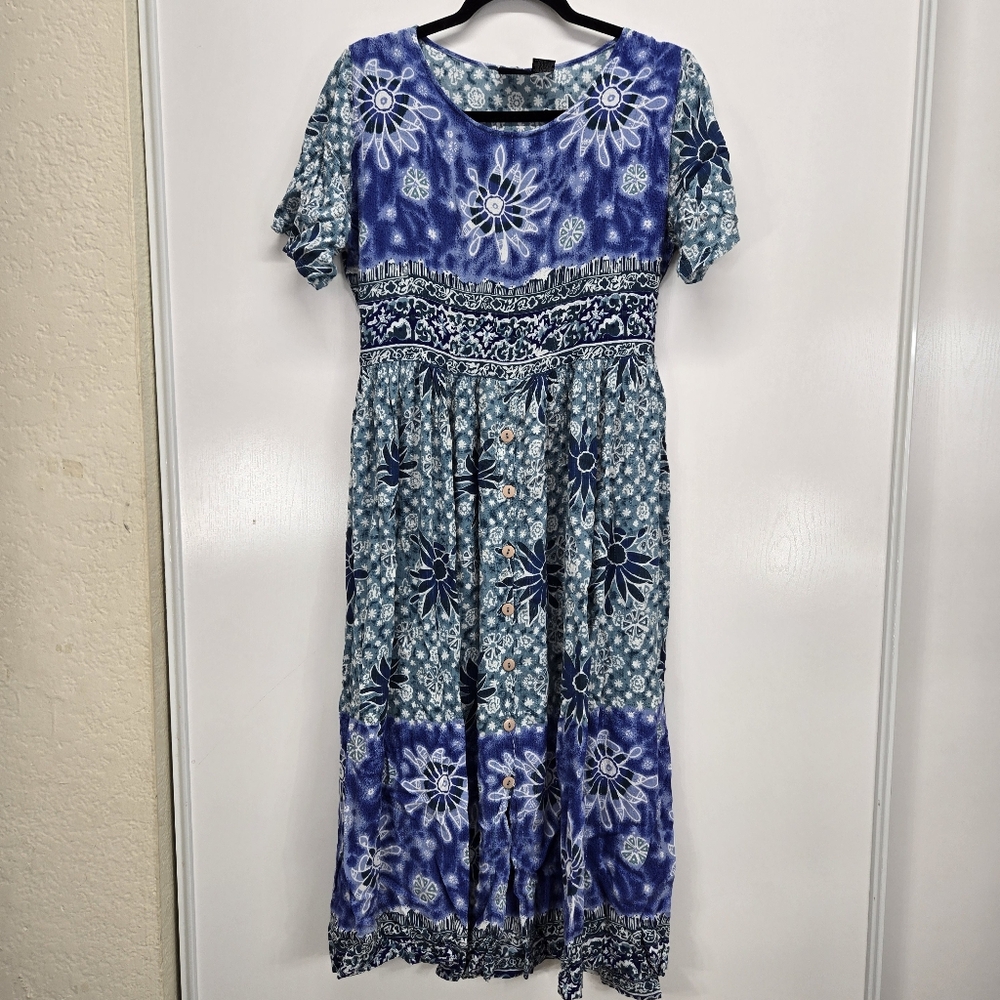 VTG Bila Dress Blue White Silver Metallic Threads Size‎ M Hippie Bohemian Gypsy